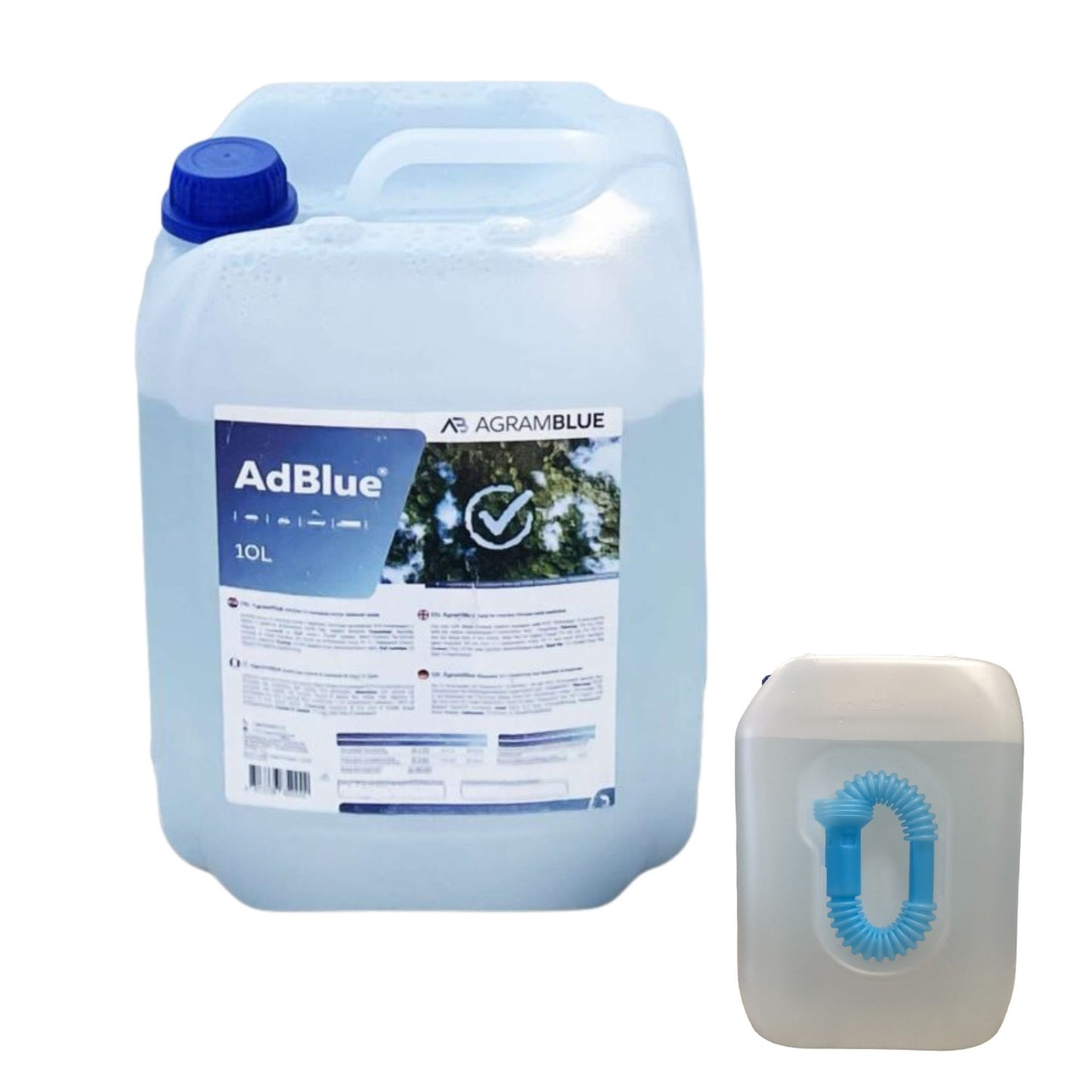 Additivo AdBlue Agramblue 10 L per sistemi SCR, contenitore blu con etichetta AdBlue e accessorio ugello spiralato